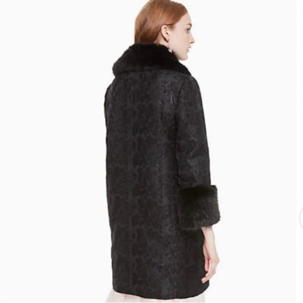 Kate Spade Black Metallic Jacquard Faux Fur Trim Coat Size 0